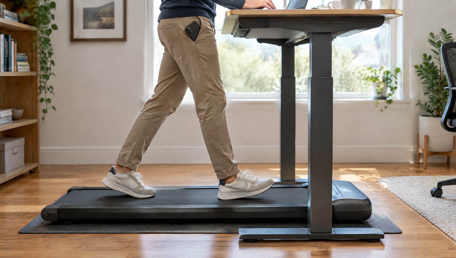 Füße in Laufschuhen auf einem flachen Walking Pad unter dem Steh-Schreibtisch, das Handy steckt in der Hosentasche