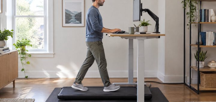 Mann geht im Homeoffice auf einem flachen Walking Pad am Steh-Schreibtisch, Unterarme waagerecht auf Ellbogenhöhe