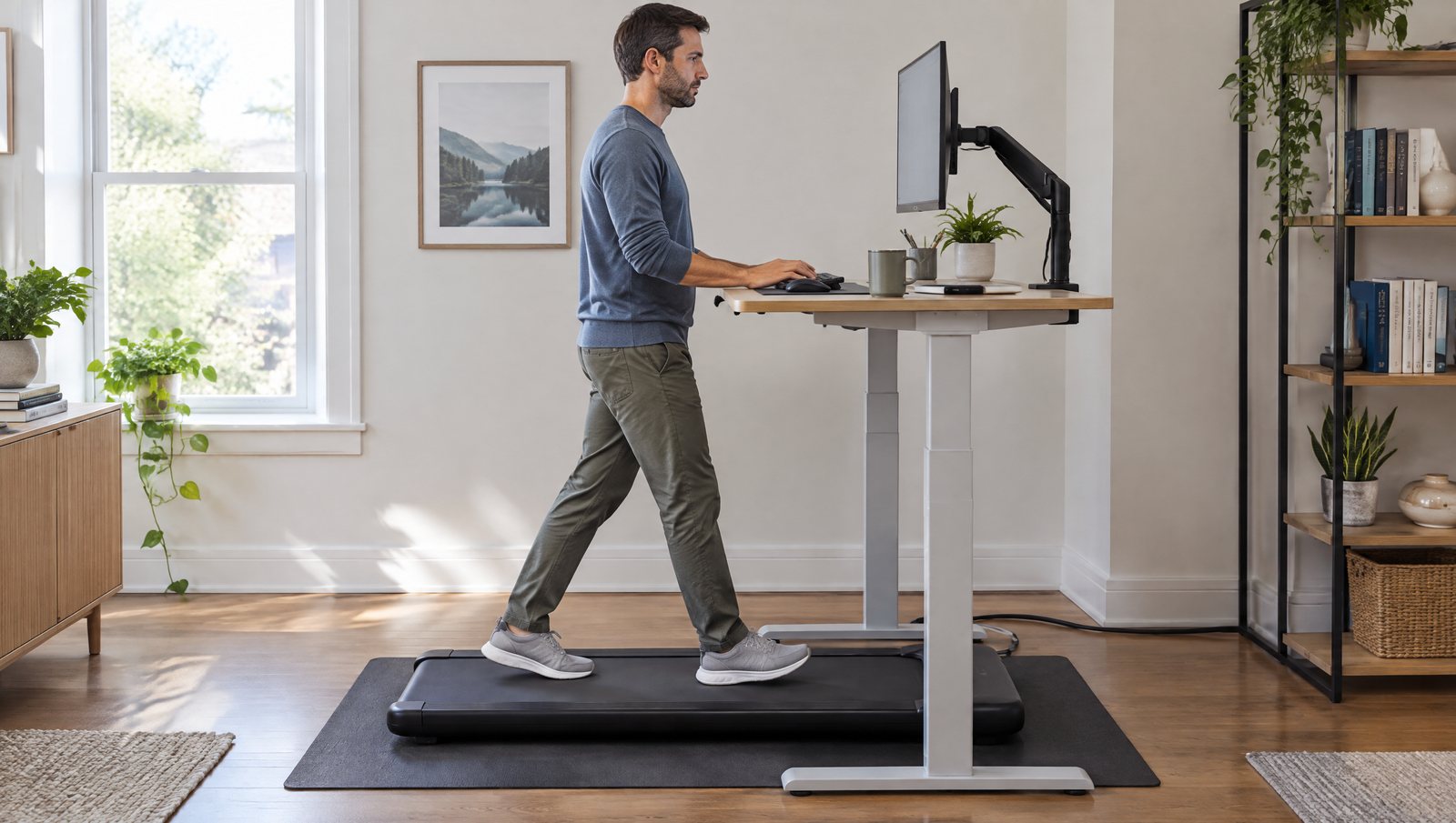 Mann geht im Homeoffice auf einem flachen Walking Pad am Steh-Schreibtisch, Unterarme waagerecht auf Ellbogenhöhe