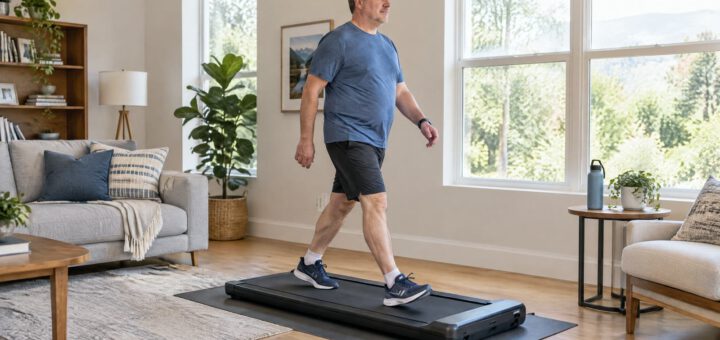 Mann um die 50 geht zu Hause zügig auf einem Walking Pad, Wohnzimmer bei Tageslicht