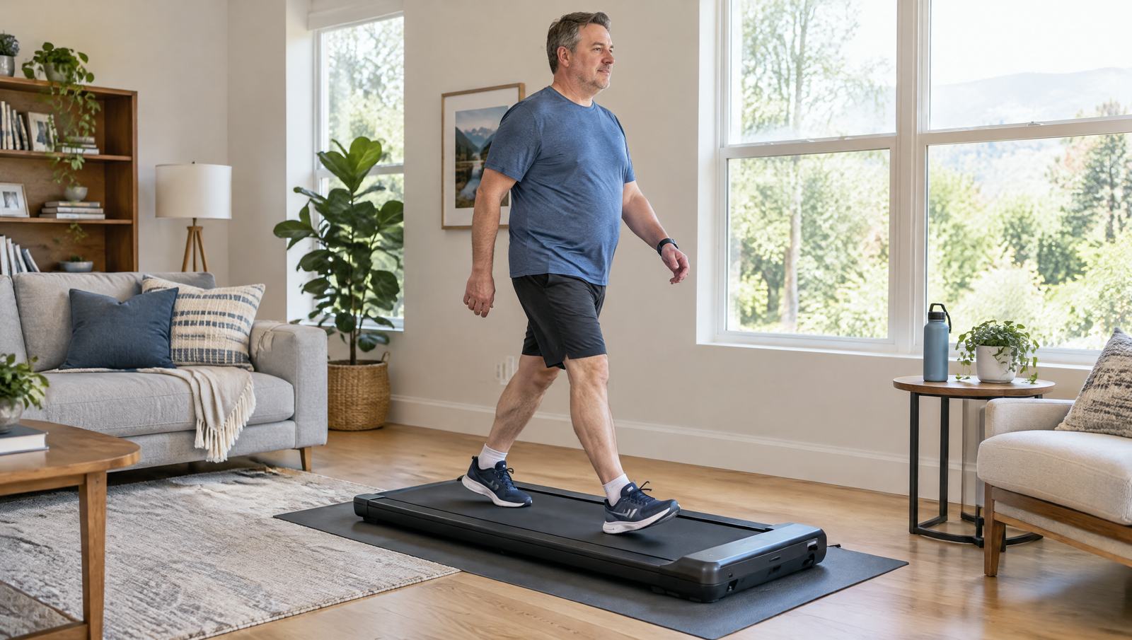 Mann um die 50 geht zu Hause zügig auf einem Walking Pad, Wohnzimmer bei Tageslicht