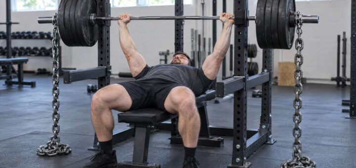 Mann beim Bankdrücken im Power Rack mit Gewichtsketten an beiden Hantelenden, die Kettenenden liegen am Boden