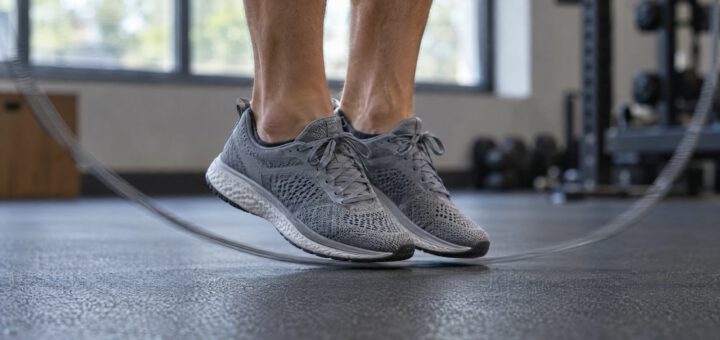 Füße in grauen Laufschuhen ein, zwei Zentimeter über dem Gummiboden eines Studios, das Springseil streicht knapp unter den Sohlen durch