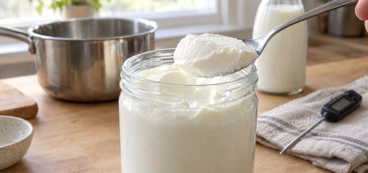 Glas mit festem selbstgemachtem Joghurt, ein Löffel hebt eine Portion heraus, daneben Milchflasche, Topf und Thermometer