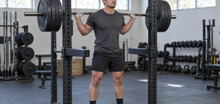 Mann steht im Power Rack, die beladene Langhantel auf dem oberen Rücken, bereit zur Kniebeuge, die Sicherheitsablagen auf Hüfthöhe