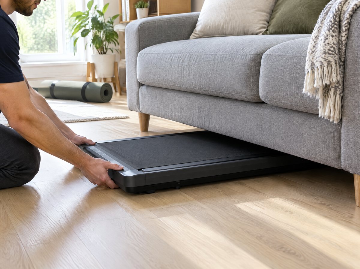 Flaches Walking Pad wird unter ein graues Sofa geschoben