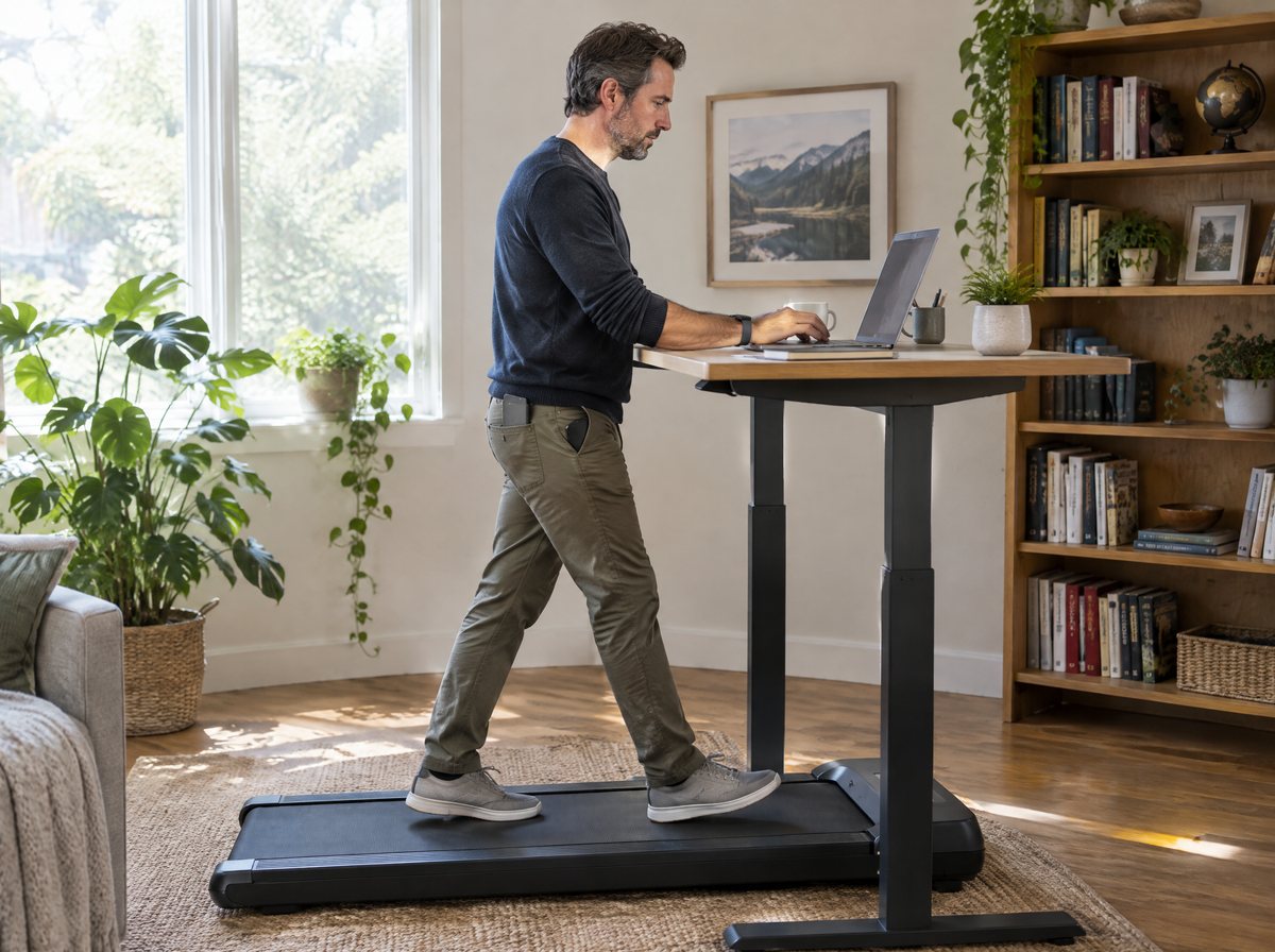 Mann tippt am Steh-Schreibtisch, während er langsam auf dem Walking Pad geht, die Unterarme liegen ruhig auf der Tischplatte