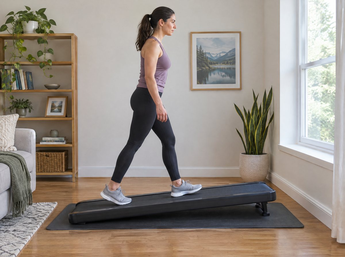 Frau geht auf einem Walking Pad mit Steigung, die Front des Laufbands ist sichtbar angehoben