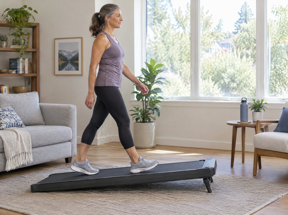 Frau geht in ruhigem Tempo auf einem Walking Pad mit angehobener Steigung im Wohnzimmer