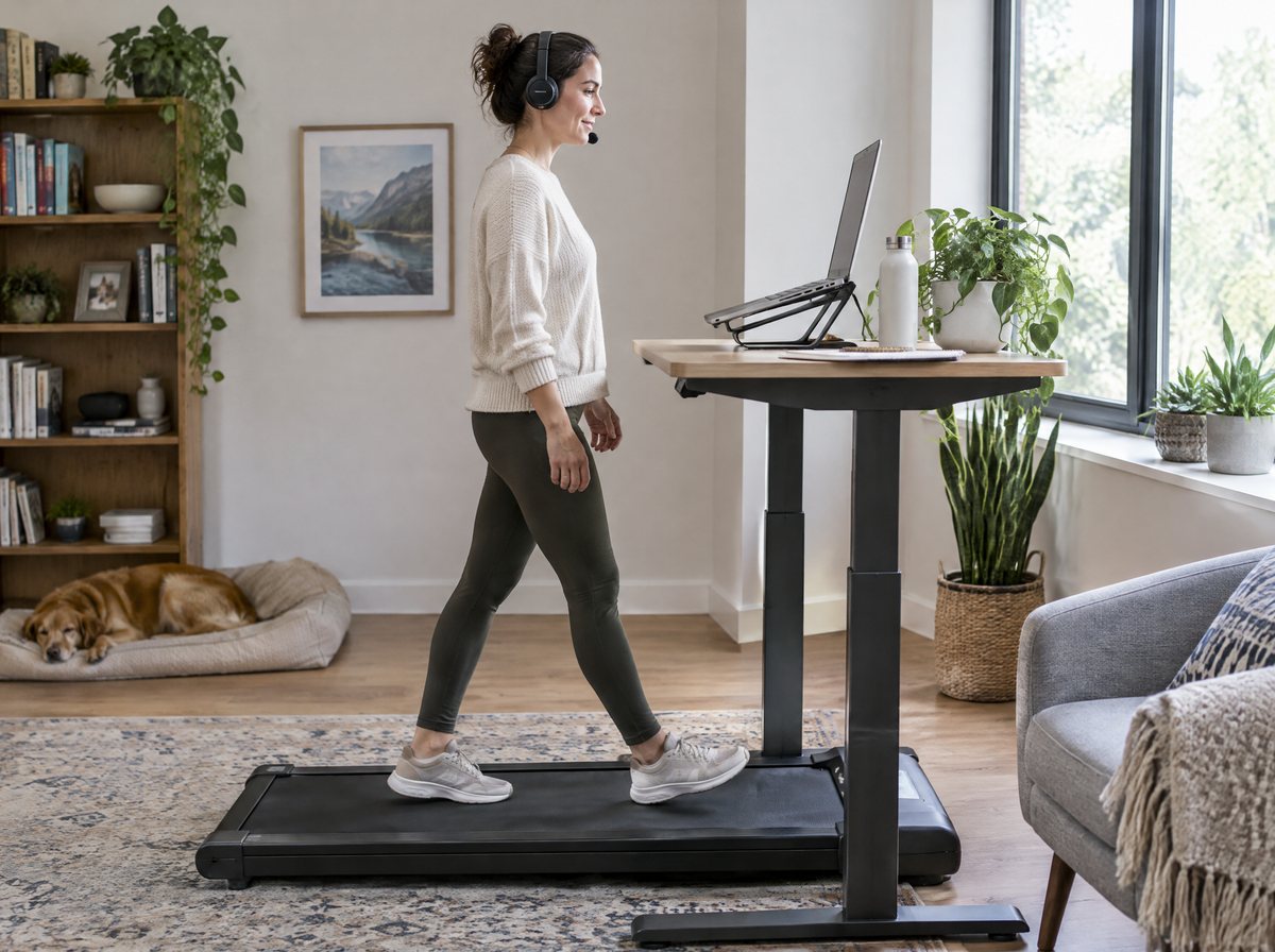 Frau mit Headset führt im langsamen Gehen auf dem Walking Pad einen Videocall am Steh-Schreibtisch