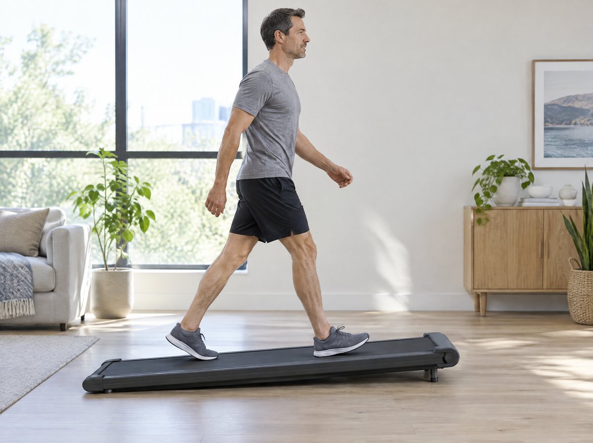 Mann geht zügig auf einem Walking Pad mit angehobener Steigung im Wohnzimmer